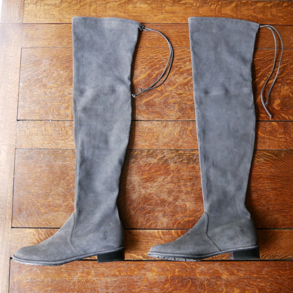 Stuart Weizman Lowland Over The Knee Flat Boots Gray Stretch Suede